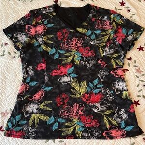 Floral Print V-Neck Blouse - Black and Red